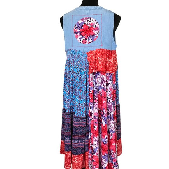 Boho Hippie Silky Sundress, Size S - M: Handmade Upcycled Patchwork Midi Dress - Picture 3 of 12